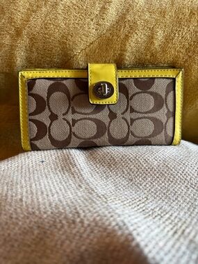 Coach Brown Signature Wallet with Yellow Trim